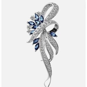 Violet Xingdai Brooch Rhinestone Lapel Pin Marquise Navettes Blue 2.6" x 1"